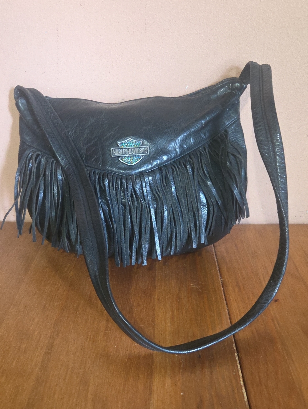 Harley-Davidson Black Leather Fringe Shoulder Bag with Badge Vintage Y2k!